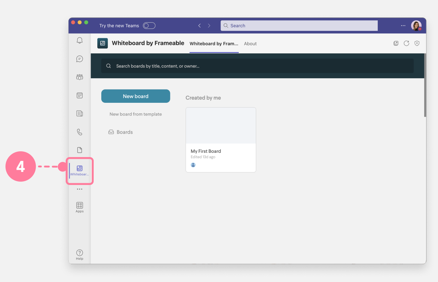 Whiteboard homepage in teams
