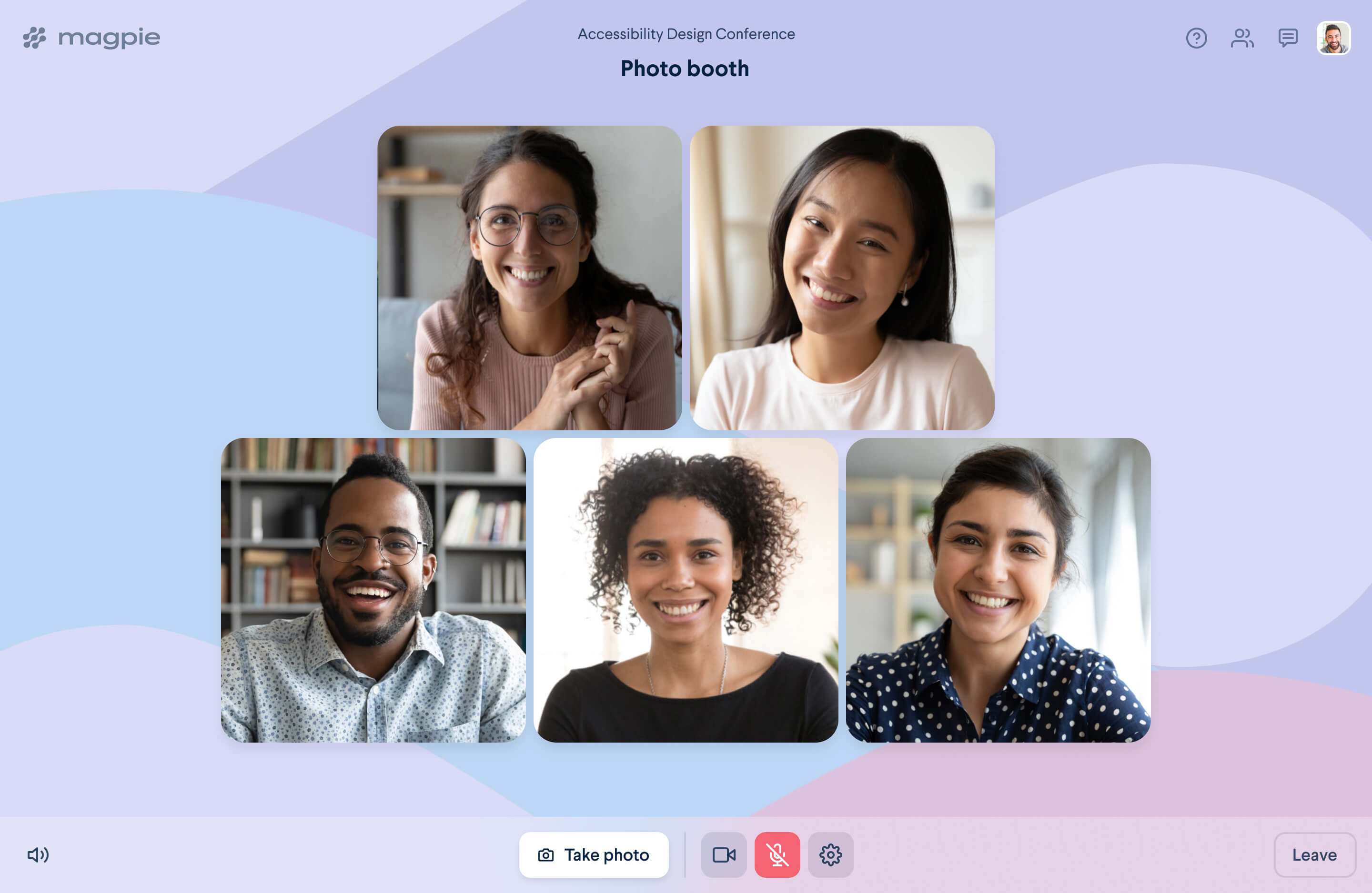 five people in the photobooth with a pink and purple background